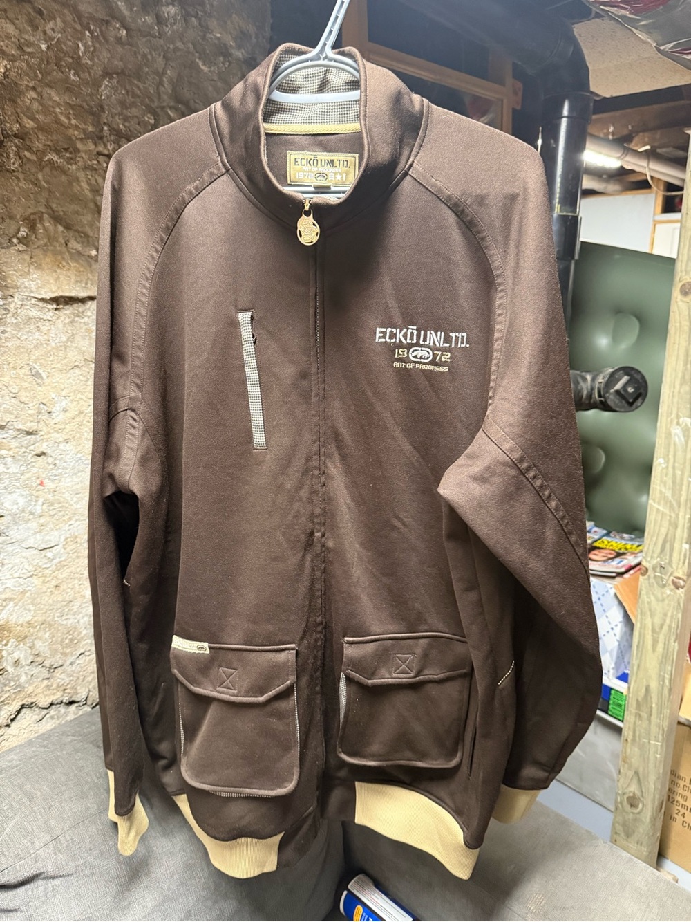 Vintage Ecko Utld Men's Brown Zip-Up Utility Jacket 1972 war bomber embroidered